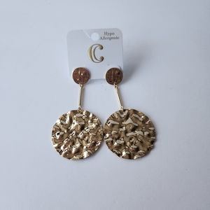 Hypoallergenic Gold Tone Hammered Wavey Disk 3.25" Earrings